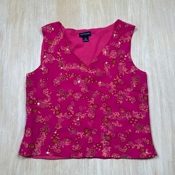 Ann Taylor Pink Floral Silk Sleeveless Blouse Sequin Accent Lined Career Top 8 - Picture 1 of 9